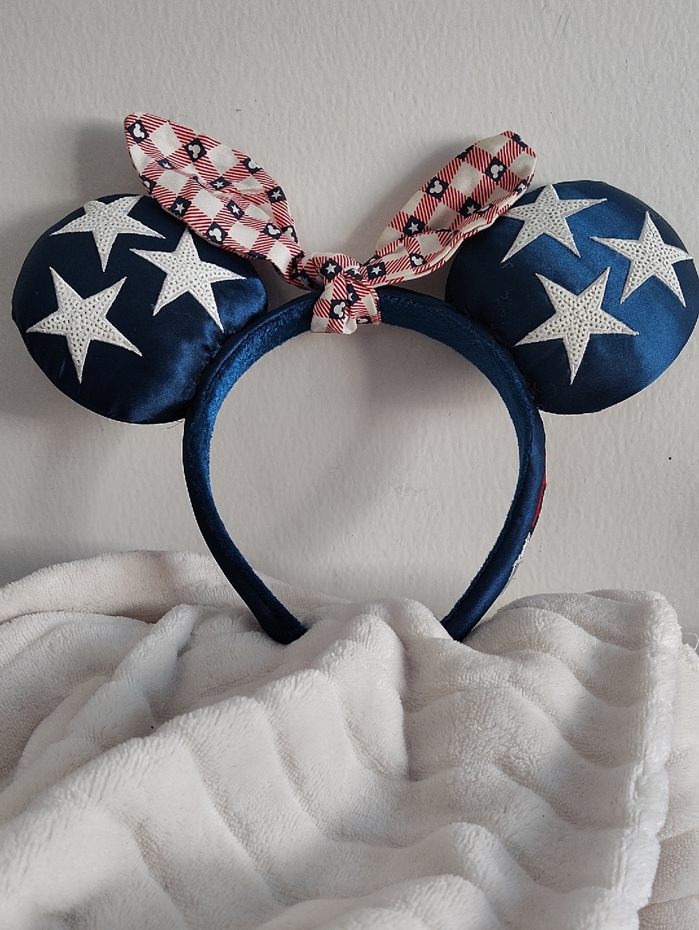 Disney Navy 4th Of July Star Satin Minnie  Mouse Ears W/ Cute Bow Ready For 4th